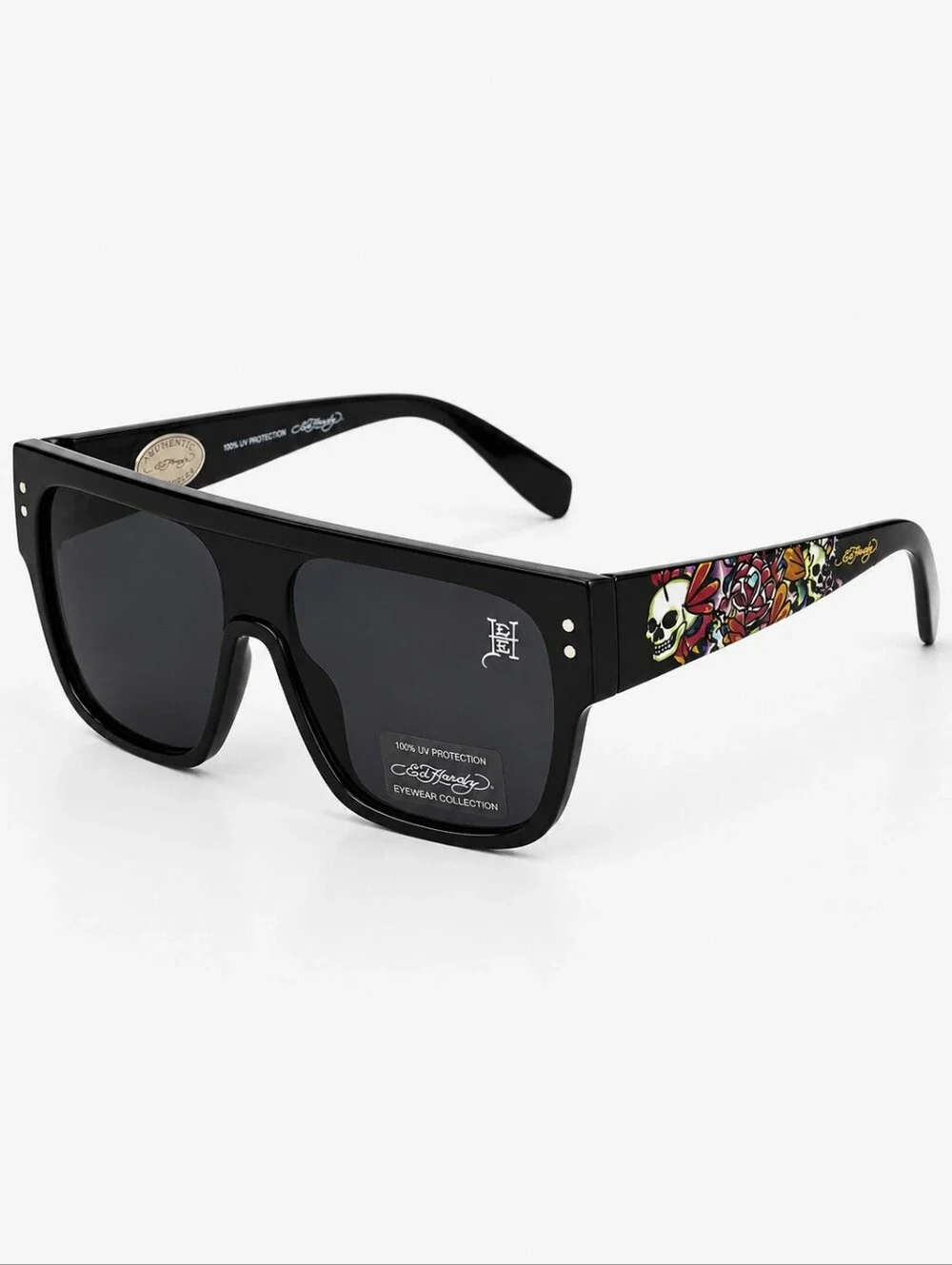 NEW Ed Hardy Flat Top Shield Sunglasses Black Skull Rose Tattoo